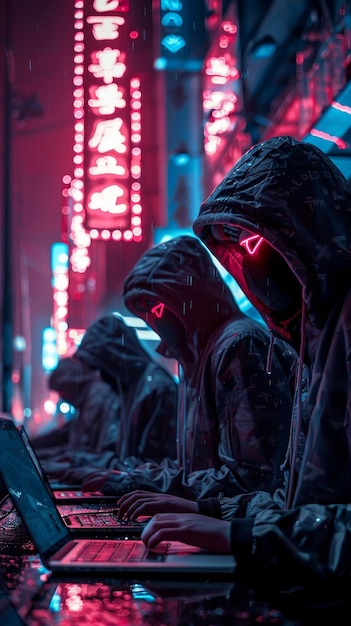 Cyberpunk Hackers Working in Neon Lit Street