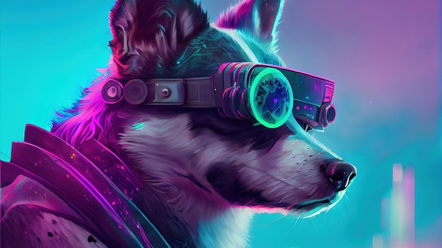 Cyberpunk Husky Dog Beautiful digital artwork portrait of A Cyberpunk Dog Husky Anime Animal wearing suspenders and a vaporwave goggles made from a shattered computer screen glitching with color