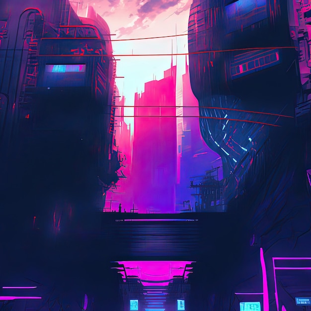 Cyberpunk Industrial Abstract Future Wallpaper Futuristic concept Pink Evening urban landscape 3D illustration