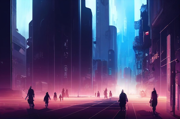 Cyberpunk is a city of the future full of people technological streets illustration