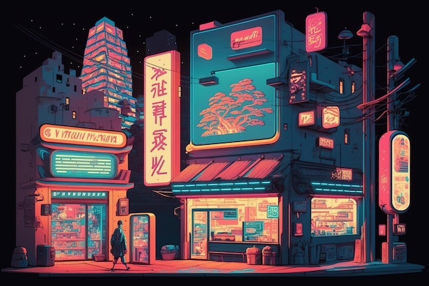 Cyberpunk Japans nightlife contemporary futuristic structures neon signs in the capital of Asia