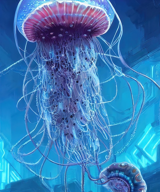 Cyberpunk jellyfish in the sea Tubes and mechanical parts of jellyfish tentacles 3d illustration