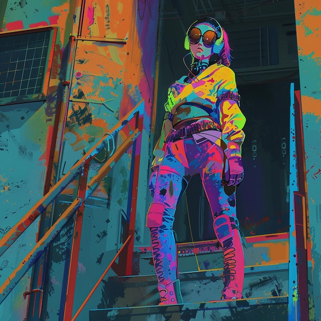 Photo cyberpunk lady with tatto and neon colorful outfit