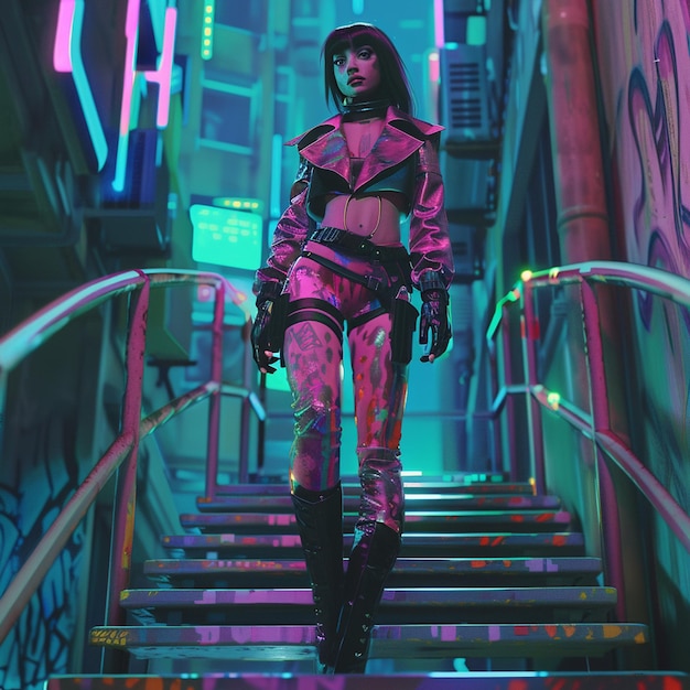 Photo cyberpunk lady with tatto and neon colorful outfit