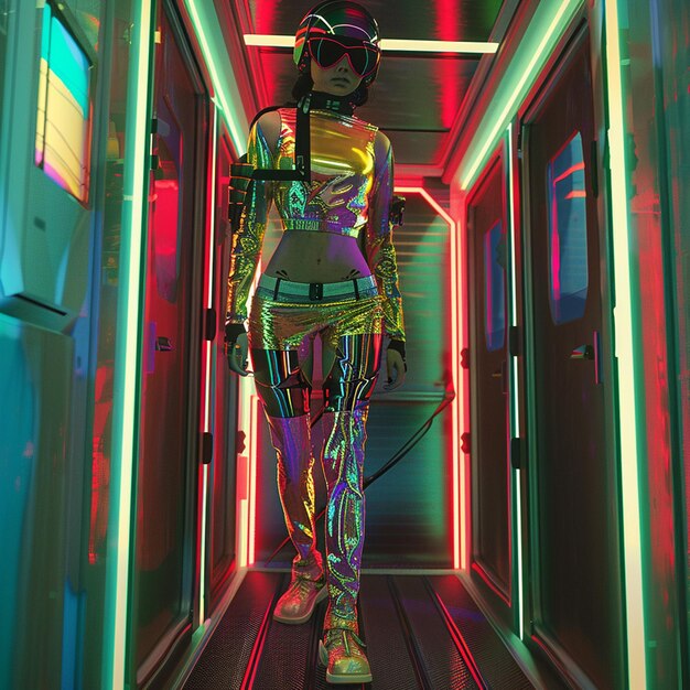 Photo cyberpunk lady with tatto and neon colorful outfit