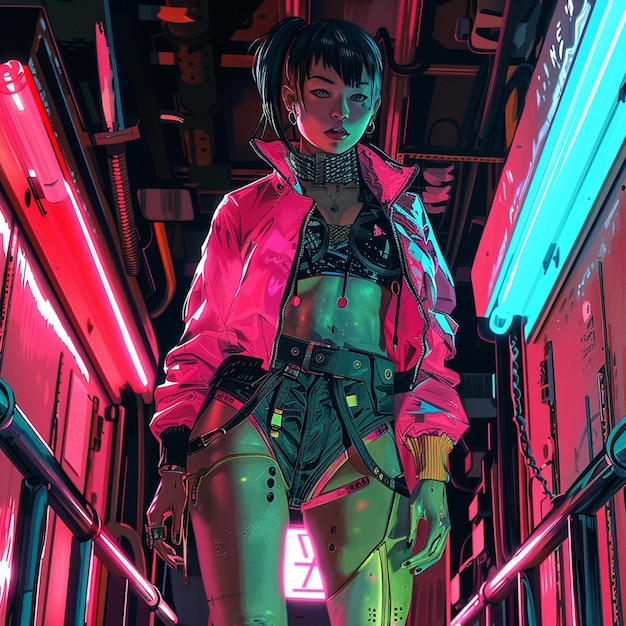 Photo cyberpunk lady with tatto and neon colorful outfit