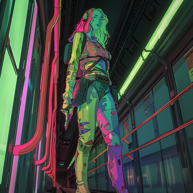 Photo cyberpunk lady with tatto and neon colorful outfit