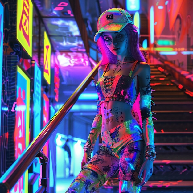 Photo cyberpunk lady with tatto and neon colorful outfit