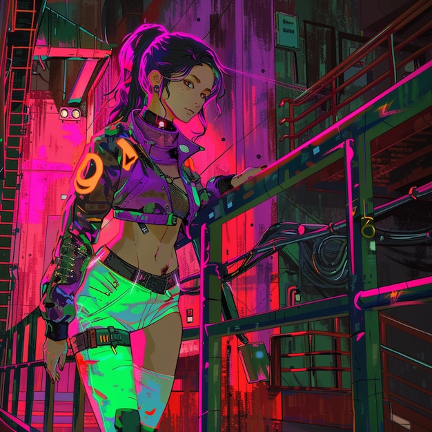 Photo cyberpunk lady with tatto and neon colorful outfit