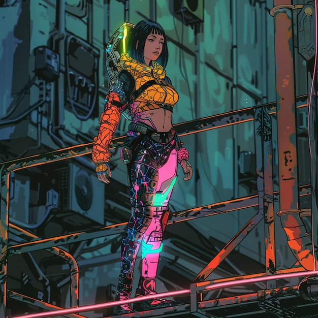 Photo cyberpunk lady with tatto and neon colorful outfit