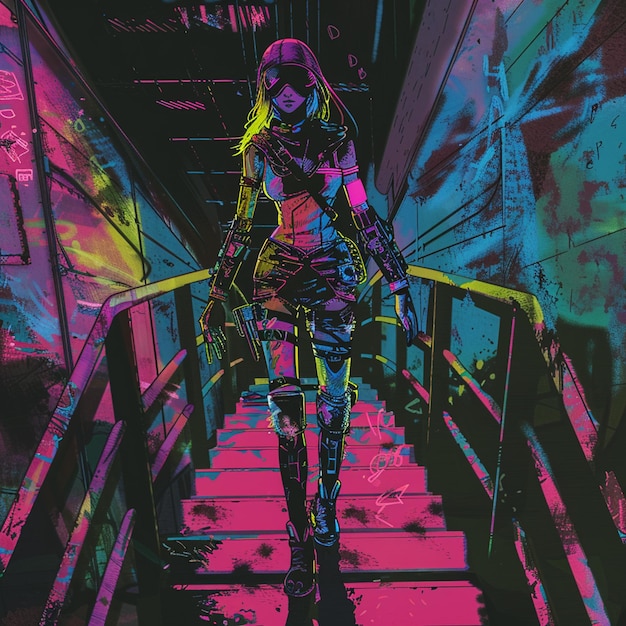 Photo cyberpunk lady with tatto and neon colorful outfit