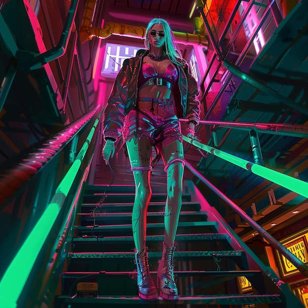 Photo cyberpunk lady with tatto and neon colorful outfit