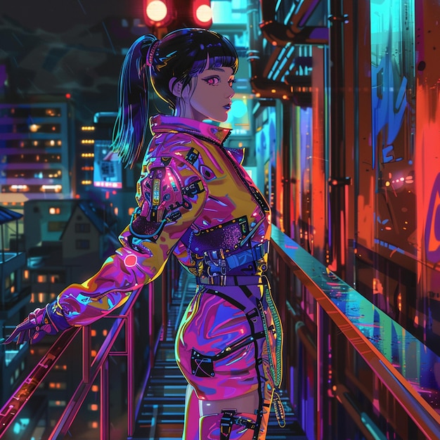 Photo cyberpunk lady with tatto and neon colorful outfit