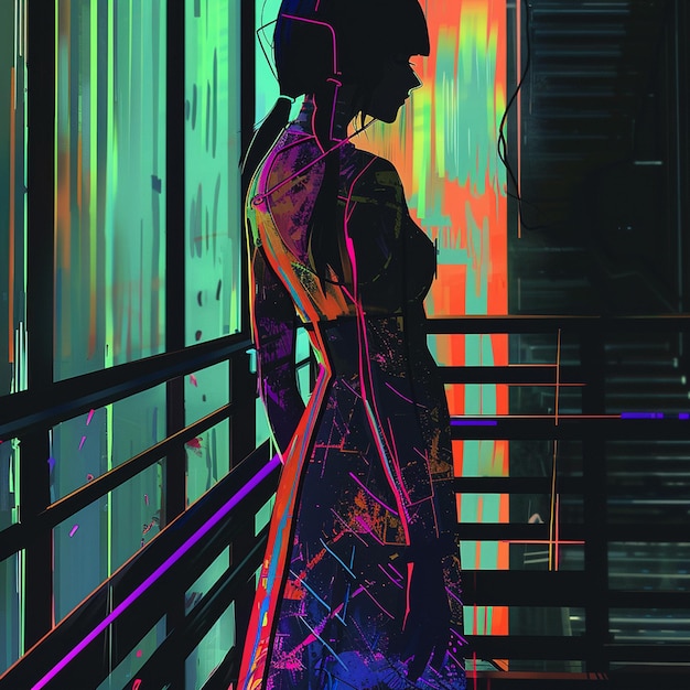 Photo cyberpunk lady with tatto and neon colorful outfit