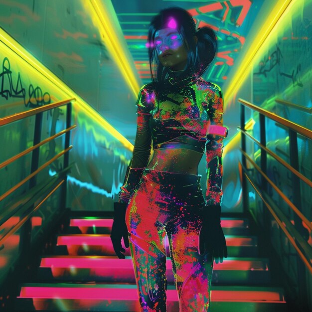 Photo cyberpunk lady with tatto and neon colorful outfit