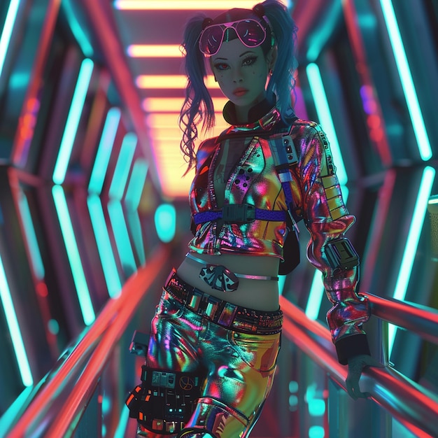 Photo cyberpunk lady with tatto and neon colorful outfit