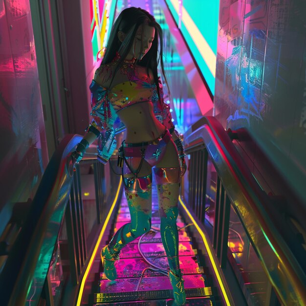 Photo cyberpunk lady with tatto and neon colorful outfit