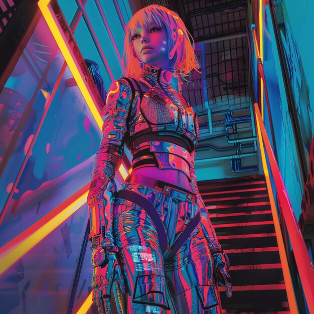 Photo cyberpunk lady with tatto and neon colorful outfit