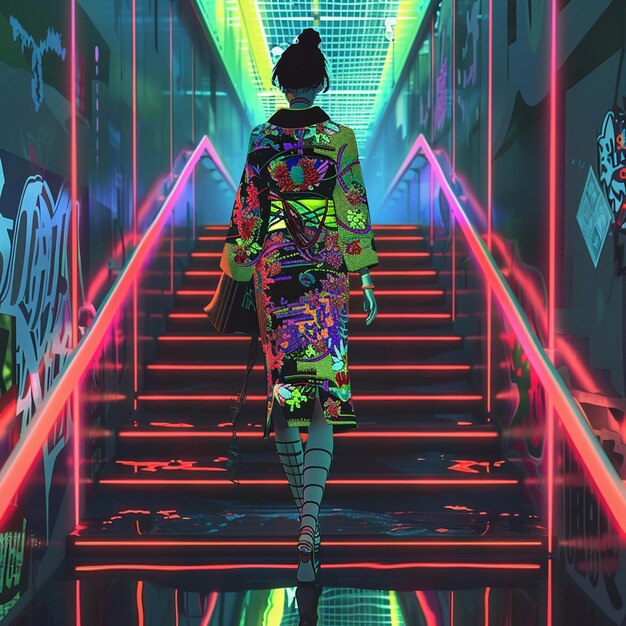 Photo cyberpunk lady with tatto and neon colorful outfit