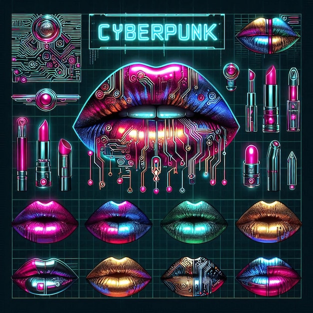 Photo cyberpunk lips neon lips and makeup with tech details