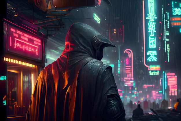 Cyberpunk male cyborg with a hidden face on the street of the metropolis Generative AI