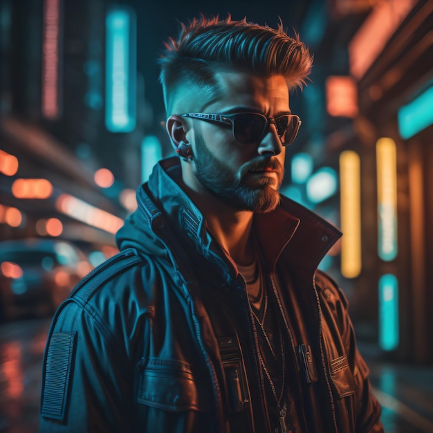 Cyberpunk man portrait futuristic and neon style