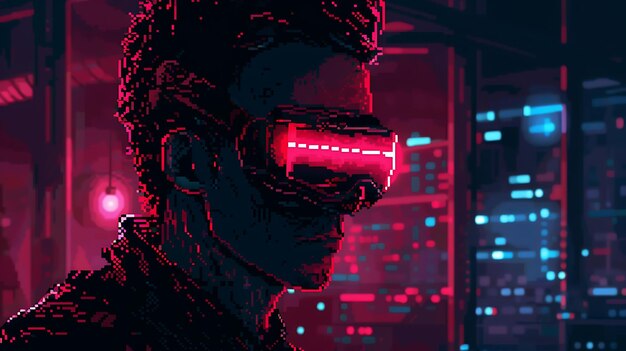 Cyberpunk Man Wears VR Goggles in Neon Cityscape