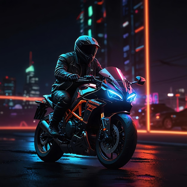 A cyberpunk Motorcycle biker racing through the city