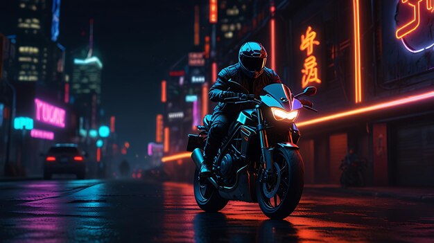 A cyberpunk Motorcycle biker racing through the city