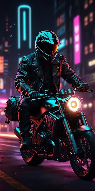 A cyberpunk Motorcycle biker racing through the city