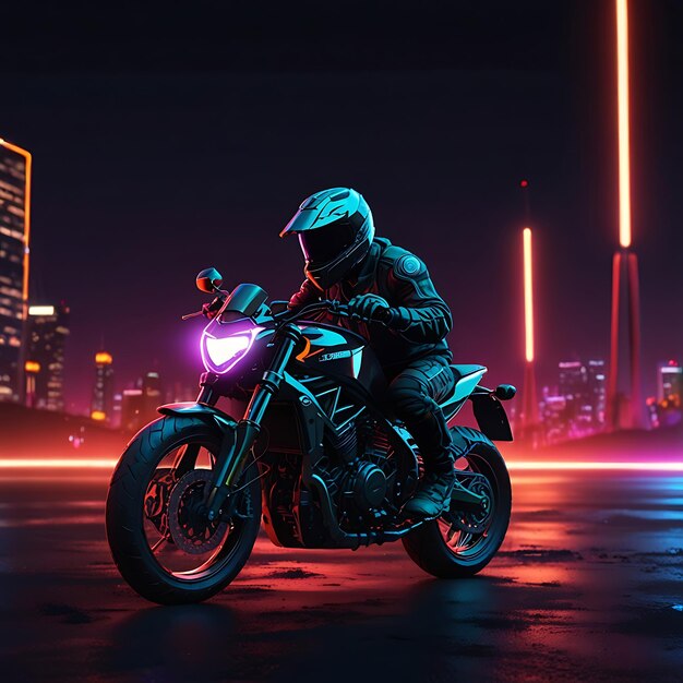 A cyberpunk Motorcycle biker racing through the city