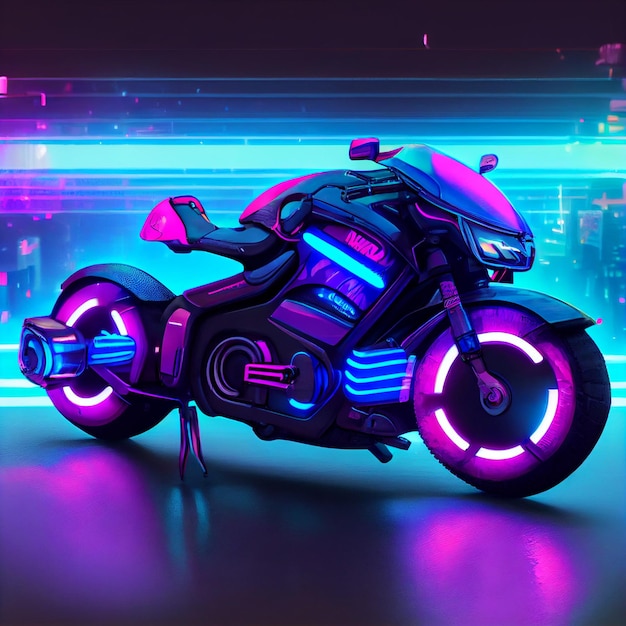 Cyberpunk motorcycle or motorbike in street with neon lights