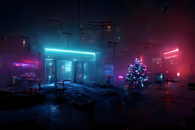 Cyberpunk neon illuminated city street at christmas night neural network ai generated art