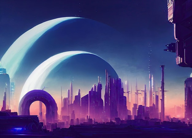 Cyberpunk night city landscape Planet in the starry sky Bright neon ultraviolet light