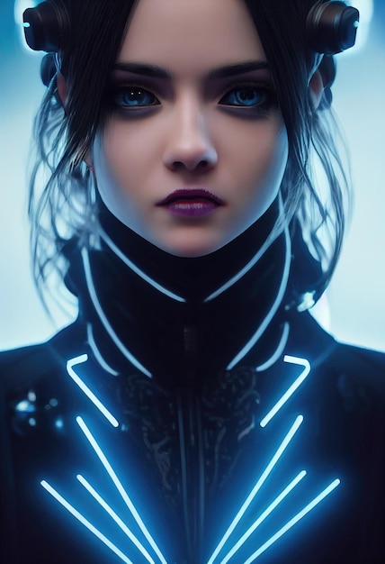 A cyberpunk portrait of an attractive woman in the unusual clothing of the future.