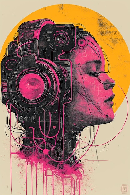 Cyberpunk portrait of a woman with a camera head neon pink and yellow