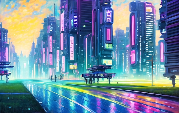 Cyberpunk Poster 80s style Retro style neon futuristic landscape night city ai generated