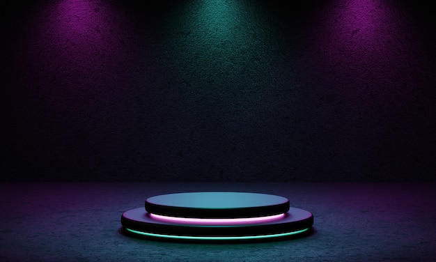 Cyberpunk product podium platform studio with blue and violet spotlight and grunge style textured background