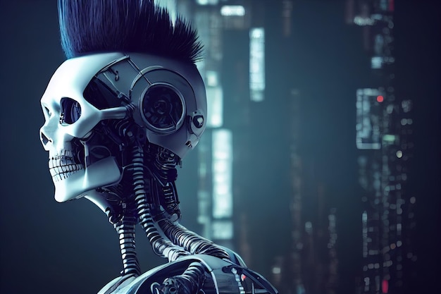 Cyberpunk robot hacker criminal concept Skull with cyborg face with mohawk Digital illustration