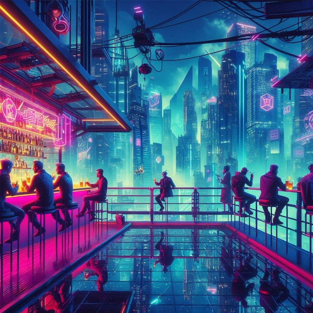 Photo a cyberpunk rooftop bar