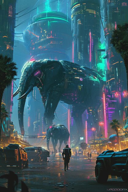 Cyberpunk savannah with robotic lions and elephants wandering among futuristic