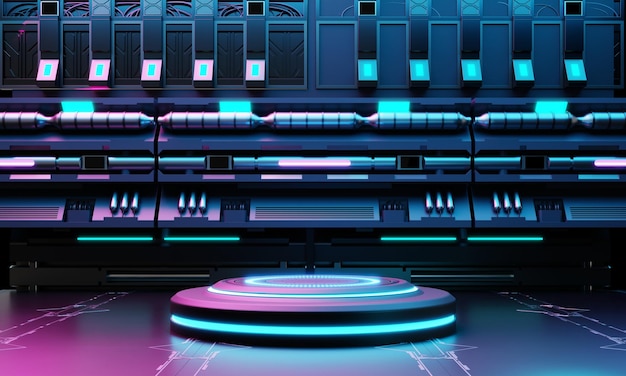 Cyberpunk scifi product podium showcase in spaceship base with blue and pink background