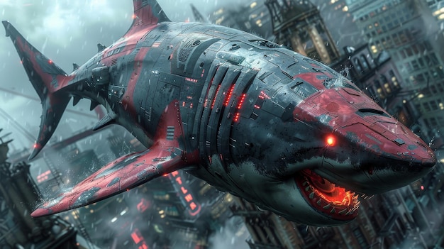 Cyberpunk Shark Attacking City