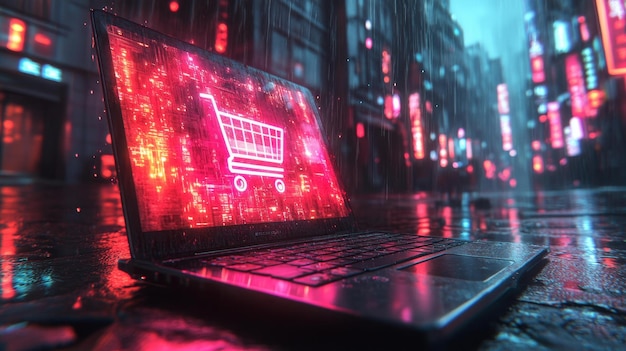 Photo cyberpunk shopping icon on a rainsoaked street generative ai