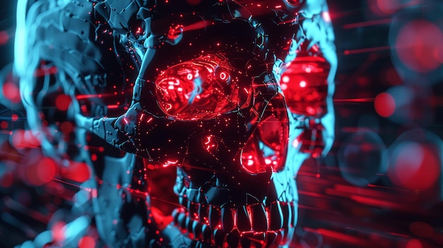 Cyberpunk Skull A closeup view of a futuristic cybernetic skull with glowing red and blue lights The skull is rendered in a 3D style creating an abstract and futuristic effect