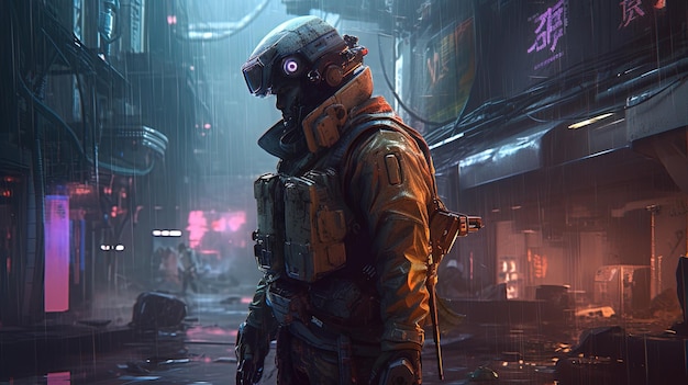 Cyberpunk soldier amidst the debris digital art illustration Generative AI