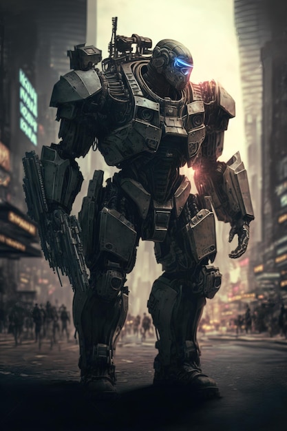 Cyberpunk soldier city warfare digital illustration of science fiction military robot warrior patrolling war torn dystopian streets