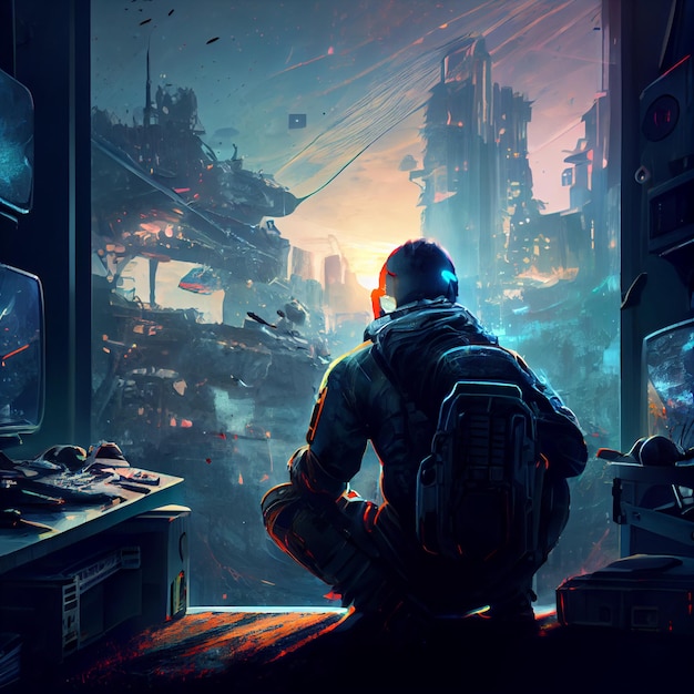 Cyberpunk soldier futuristic warrior on epic landscape background illustration