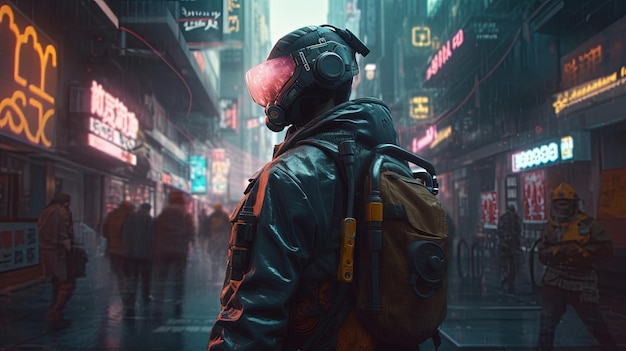 Cyberpunk soldier navigates dystopian city digital art illustration Generative AI