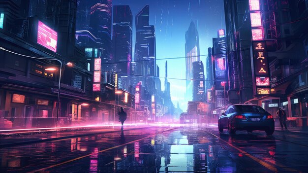 Cyberpunk street scene at night with neon reflections on rainsoaked pavement